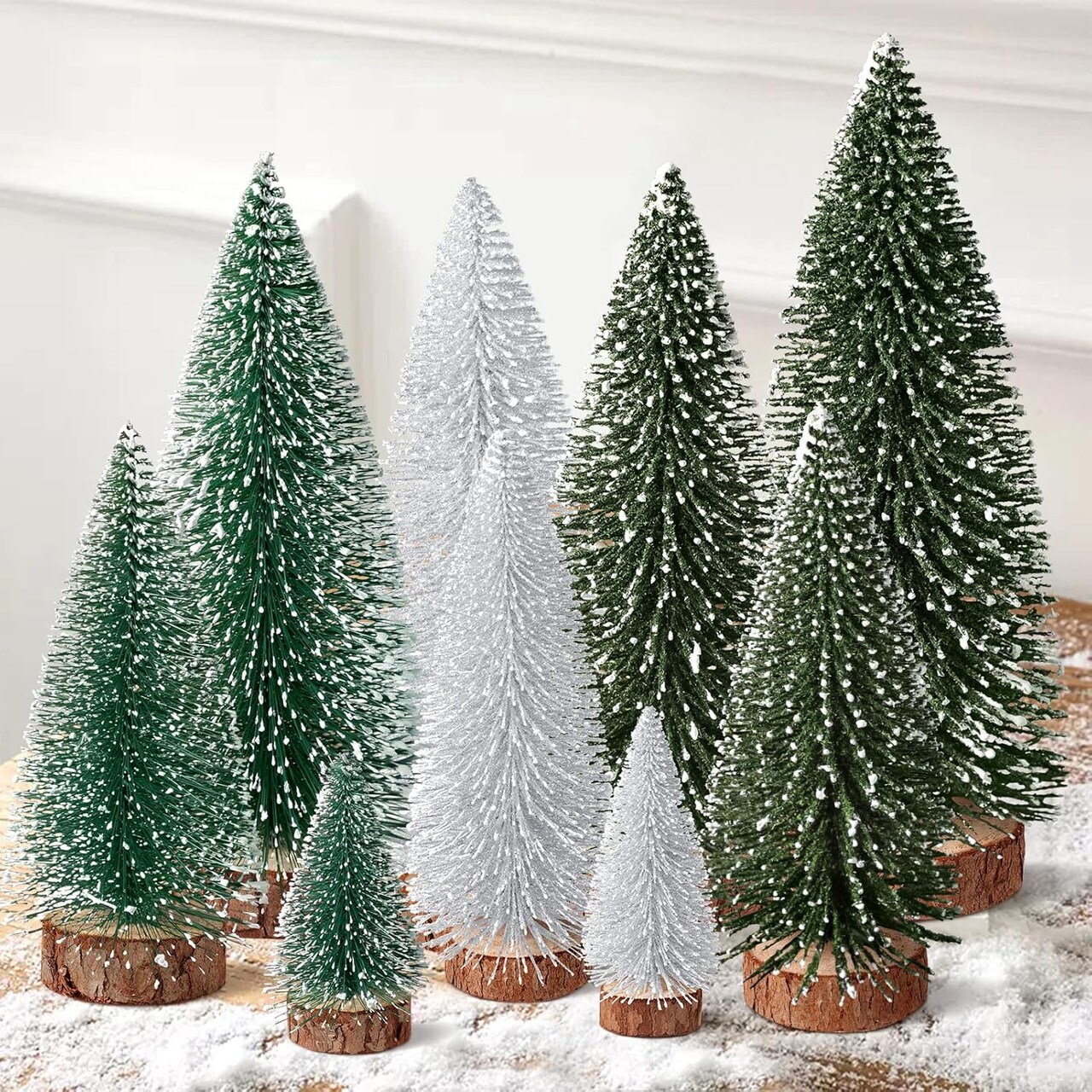 9Pcs Mini Christmas Trees Christmas Decor Artificial (Green Silver) 1"D x 1"W x 4"H